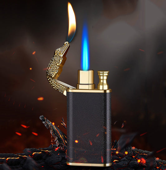 Windproof Blue Flame Lighter Dolphin Dragon Tiger Double Fire Metal